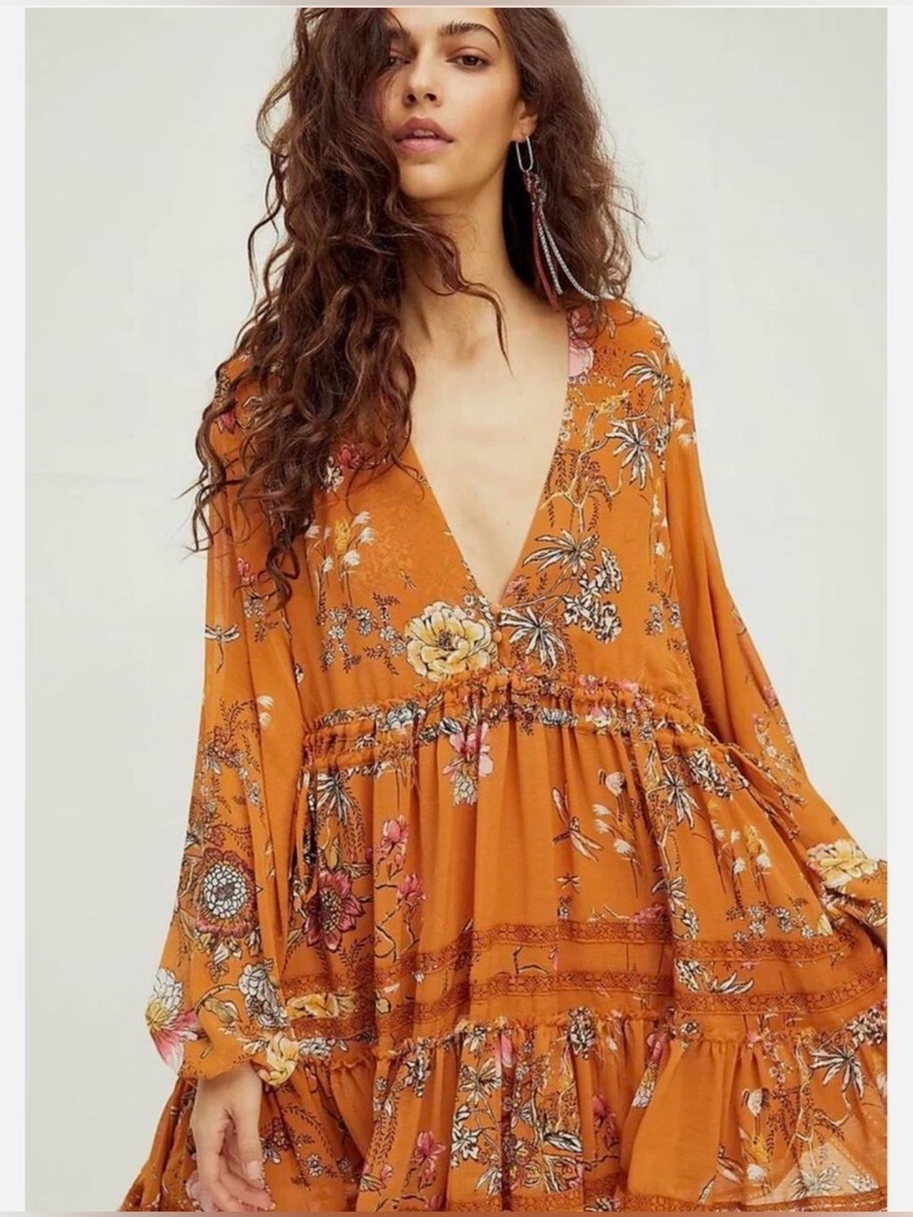 FREE PEOPLE CHERRY BLOSSOM LONG SLEEVE RUFFLED MINI DRESS TOPAZ Sz m